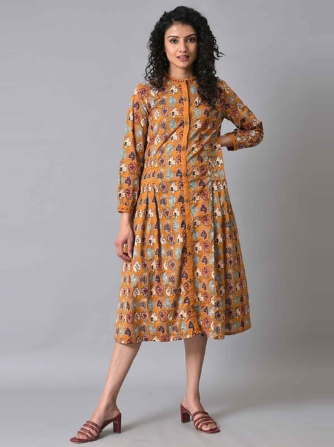 W Mustard Cotton Printed A-Line Dress Price in India
