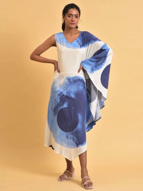 W White & Blue Printed A-Line dress Kaftan Price in India