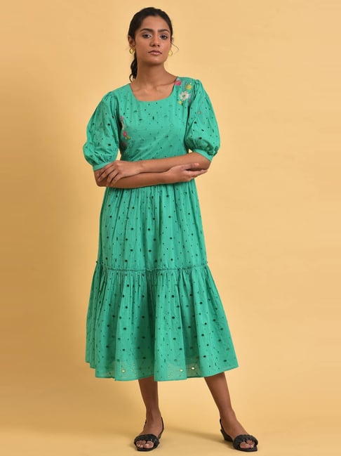 W Green Cotton Self Pattern A-Line Dress Price in India