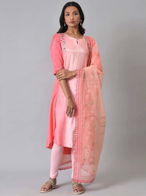 W Pink Embellished Kurta Pant Set With Dupatta Price in India