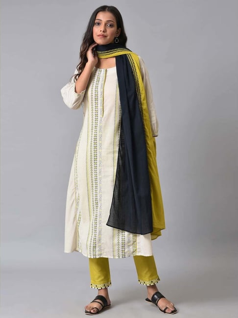 W Off-White & Green Cotton Printed Kurta Pant Set With Dupatta