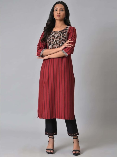 W Red & Black Printed Kurta Pant Set Price in India