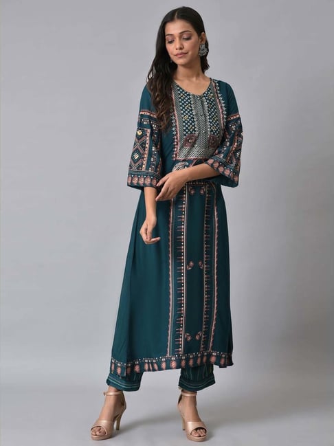 W Blue Printed Kurta Pant Set