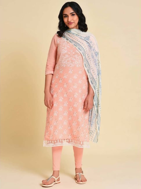 W Peach Cotton Printed Kurta Pant Set With Dupatta