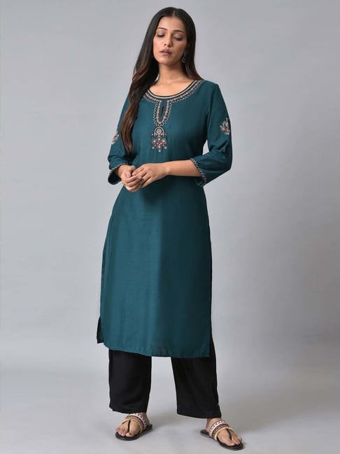 W Blue & Black Embroidered Kurta Palazzo Set