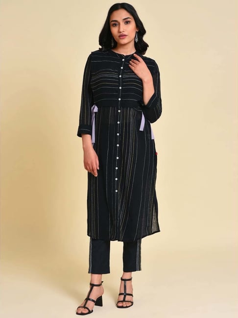 W Black Cotton Embroidered Kurta Pant Set