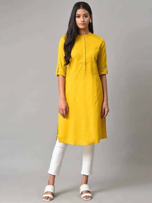 W Yellow Cotton Straight Kurta Price in India