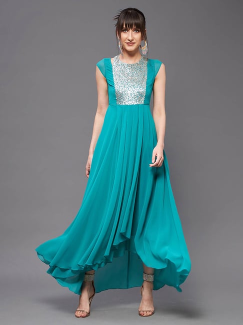 Miss Chase Turquoise Embellished High-Low Dress Price in India