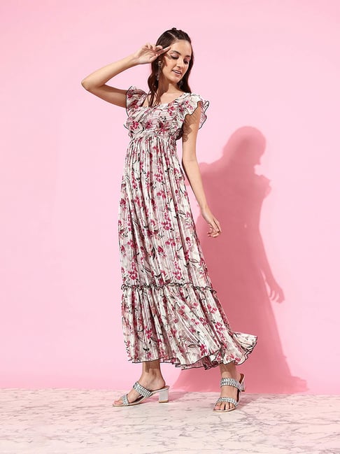 Miss Chase Off White & Pink Floral Print Gown Price in India