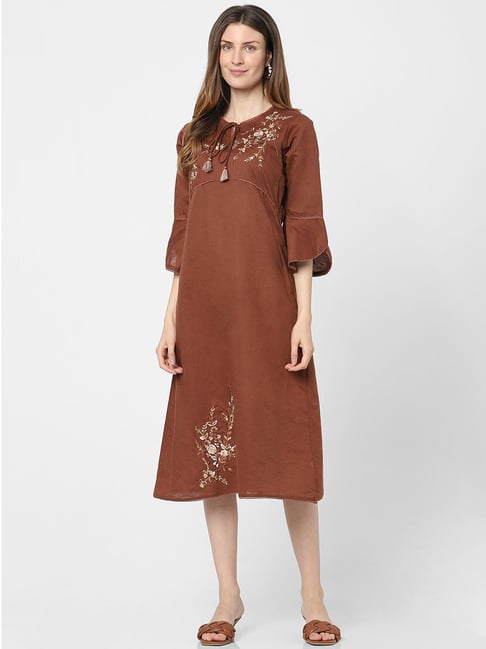 INDIFUSION Brown Embroidered A-Line Dress Price in India