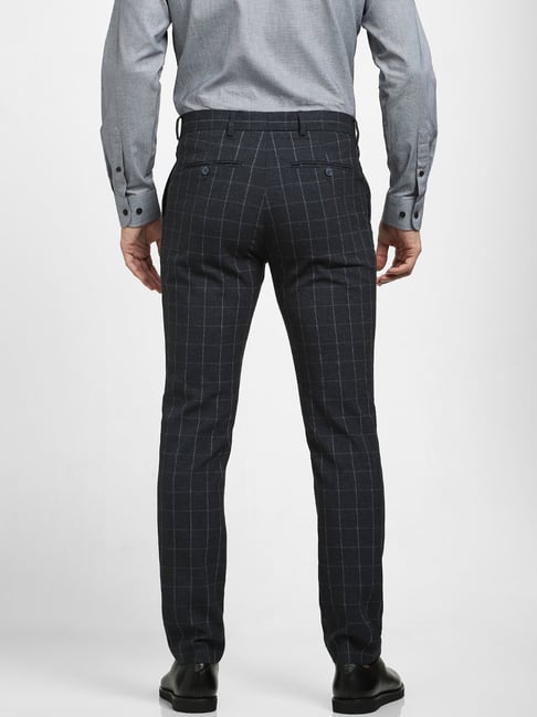 T the brand Men Formal Check Trouser - Navy Blue | Tea & Tailoring