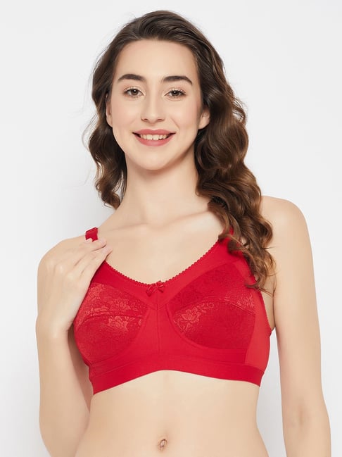 Clovia Padded Non-Wired Full Coverage Lace Bra - Red