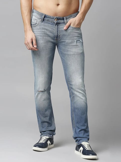 Spykar Light Blue Regular Fit Heavily Washed Distressed Jeans