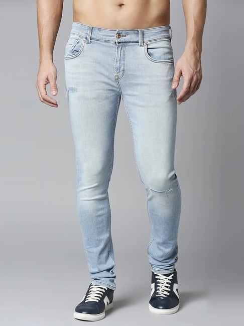 BoohooMAN Skinny Stretch Stacked Distressed Embroidered Gusset Jeans in Blue  for Men | Lyst