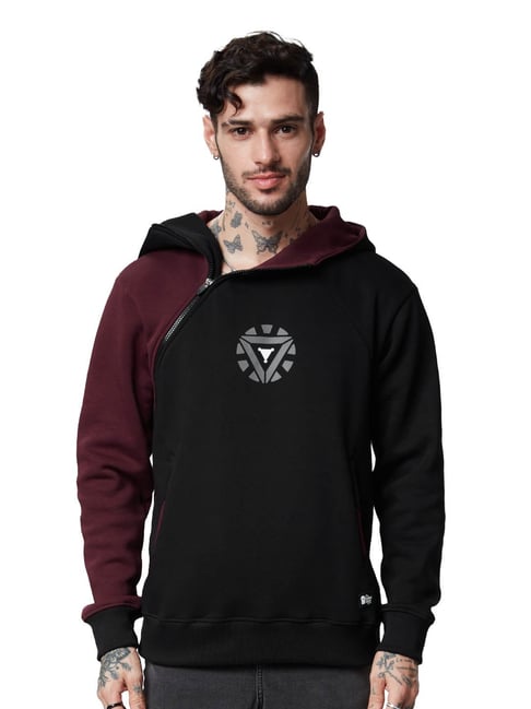 The Souled Store Black Maroon Regular Fit Colour-Block Hooded