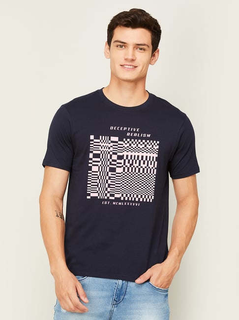 BOSSINI Navy Regular Fit Printed Crew T-Shirt