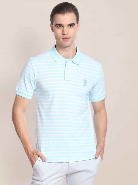 U S Polo Assn U.S. Polo Assn. Light Blue Regular Fit Striped Cotton Polo T-Shirt