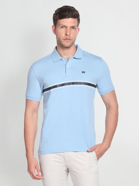 Arrow Sport Light Blue Regular Fit Striped Cotton Polo T-Shirt