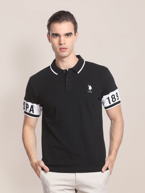 U S Polo Assn U.S. Polo Assn. Black Slim Fit Printed Cotton Polo T-Shirt