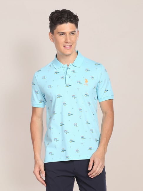 U S Polo Assn U.S. Polo Assn. Light Blue Slim Fit Printed Cotton Polo T-Shirt