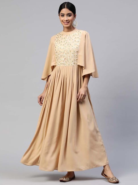 Cottinfab Beige Embroidered Maxi Dress Price in India