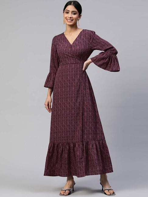 Cottinfab Burgundy Printed Maxi Wrap Dress Price in India