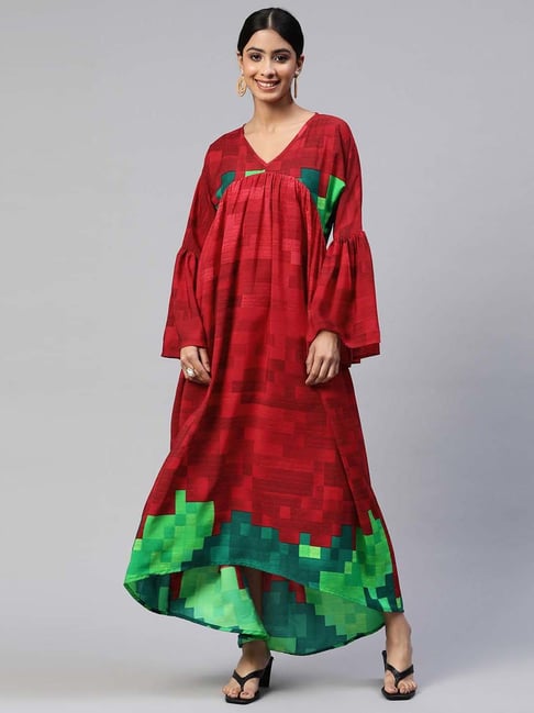 Cottinfab Red Printed Maxi Dress Price in India