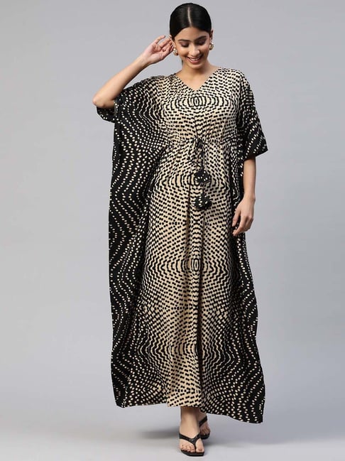 Cottinfab Beige & Black Abstract Print Maxi Kaftan Dress Price in India