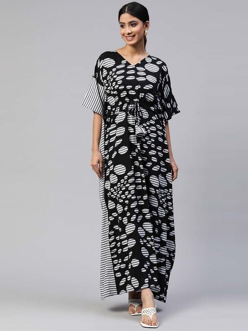 Cottinfab Black Printed Maxi Kaftan Dress Price in India
