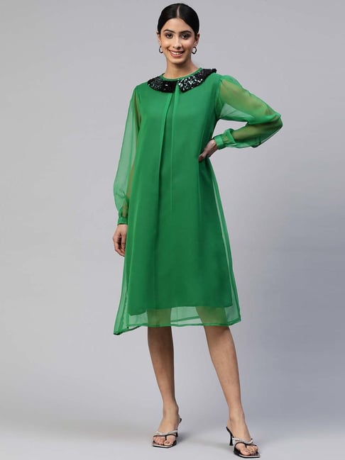 Cottinfab Green Embellished A-Line Dress Price in India