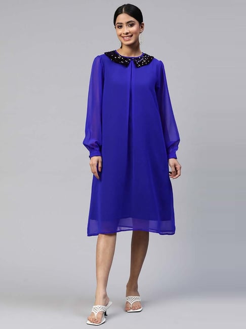 Cottinfab Blue Embellished A-Line Dress Price in India