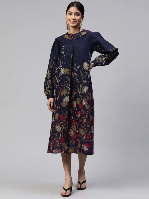 Cottinfab Navy Floral Print A-Line Dress Price in India