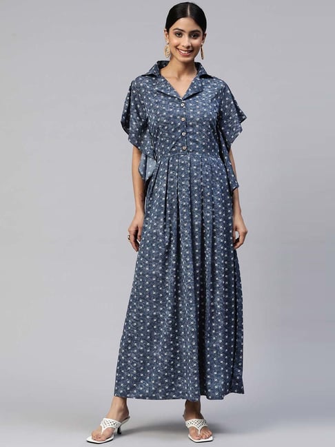 Cottinfab Blue Abstract Print Maxi Dress Price in India