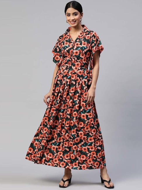 Cottinfab Rust & Black Floral Print Maxi Dress Price in India