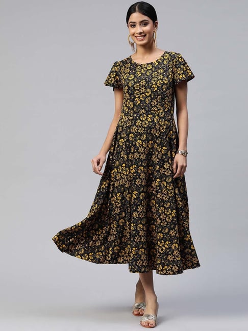 Cottinfab Black Floral Print A-Line Dress Price in India
