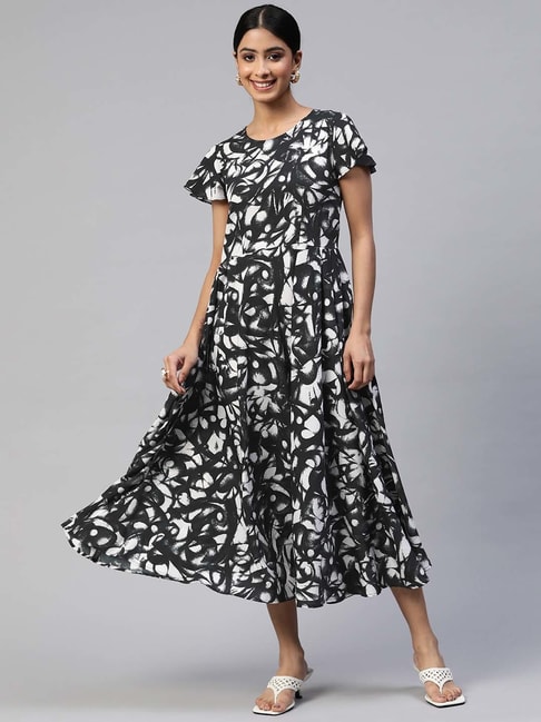 Cottinfab Black Printed A-Line Dress Price in India