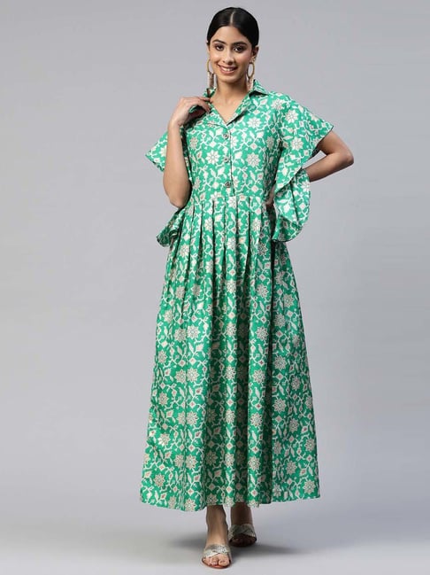 Cottinfab Green Floral Print Maxi Dress Price in India