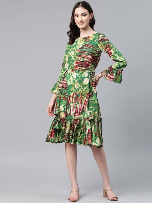 Cottinfab Green Abstract Print A-Line Dress Price in India