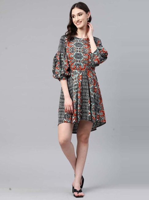 Cottinfab Green & Black Printed A-Line Dress Price in India
