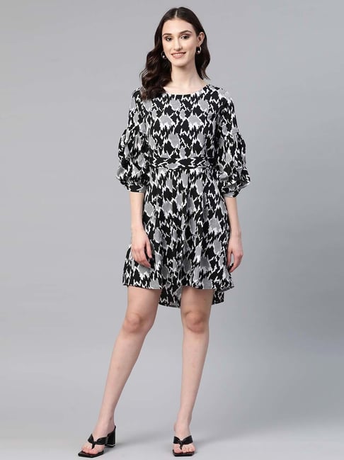 Cottinfab Black Printed A-Line Dress Price in India