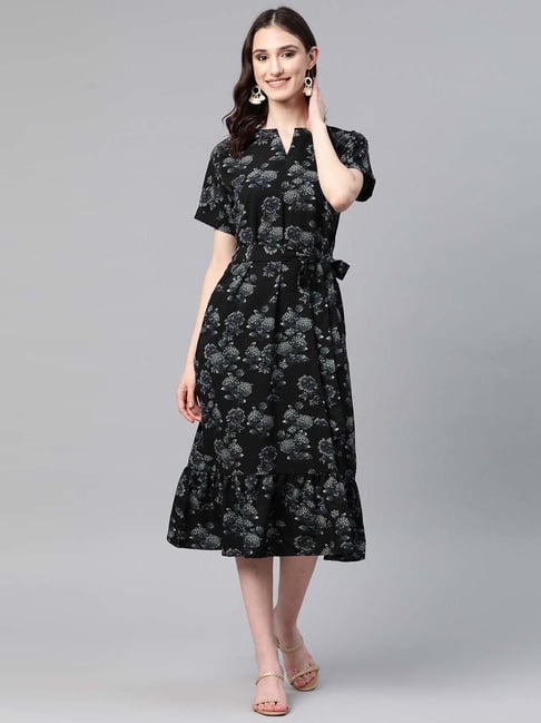 Cottinfab Black Floral Print A-Line Dress Price in India