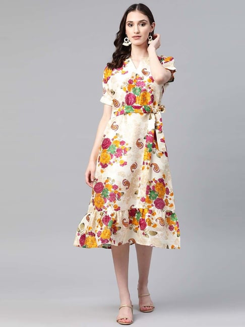 Cottinfab Cream Floral Print A-Line Dress Price in India