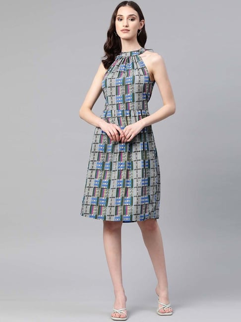 Cottinfab Grey & Green Printed A-Line Dress Price in India