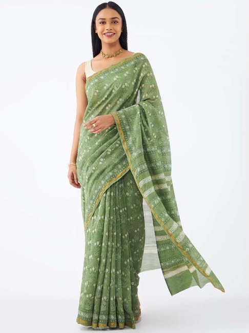 Taneira Green Cotton Silk Printed Saree With Unstitched Blouse Price in India