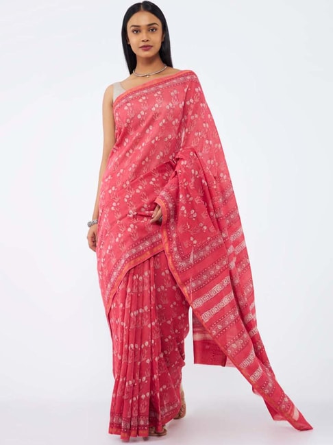 Taneira Pink Cotton Silk Printed Saree With Unstitched Blouse Price in India