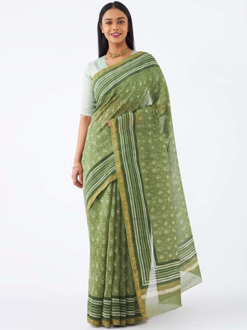 Taneira Green Cotton Silk Printed Saree With Unstitched Blouse Price in India