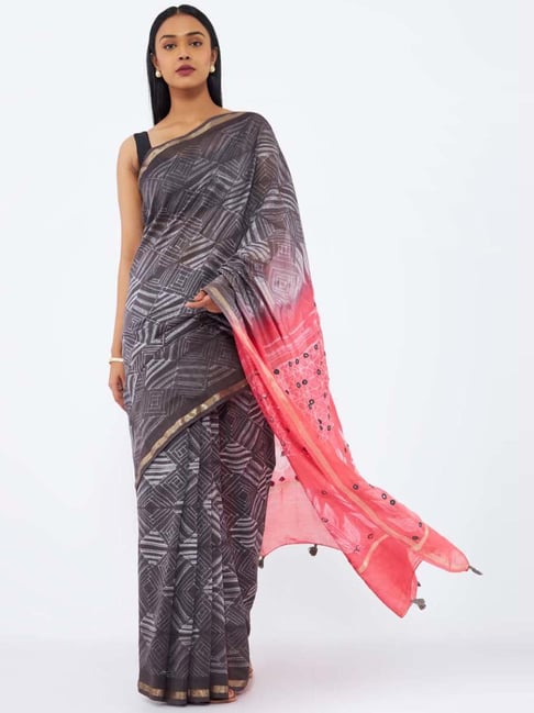 Taneira Grey & Pink Cotton Silk Printed Saree With Unstitched Blouse Price in India