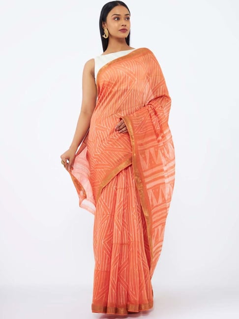 Taneira Orange Cotton Silk Printed Saree With Unstitched Blouse Price in India