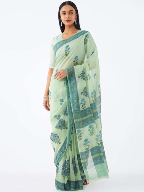 Taneira Green Printed Saree With Unstitched Blouse Price in India