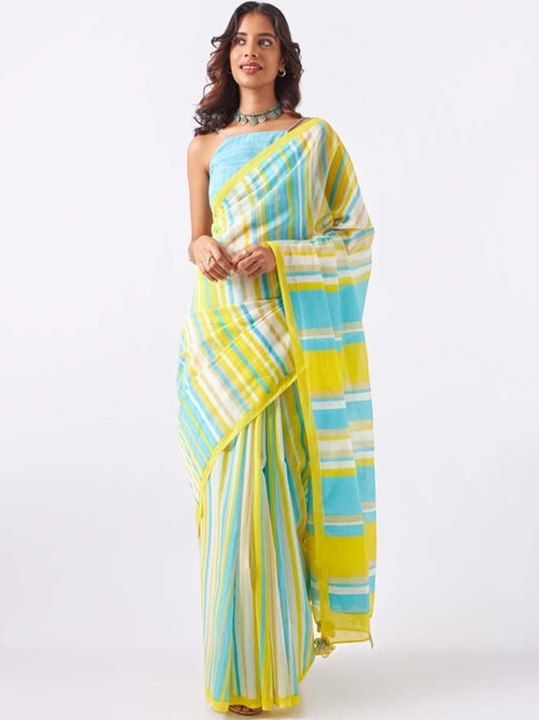 Taneira Yellow & Blue Cotton Silk Printed Saree With Unstitched Blouse Price in India